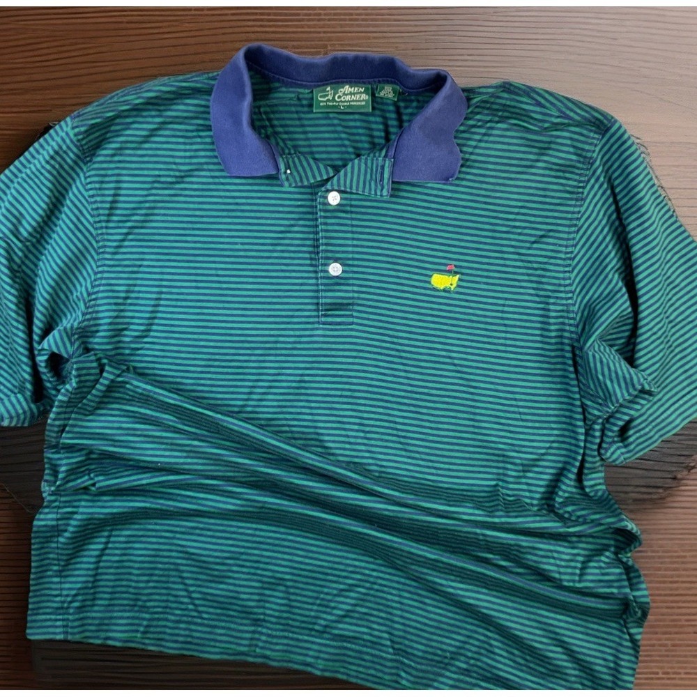 Amen Corner Masters Golf Polo Shirt Mens Large Green Pima Cotton Striped Vintage